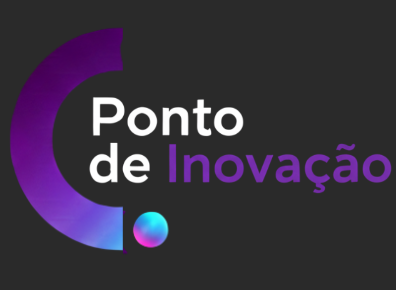 Logo do Ponto de Inovação com design moderno em tons de roxo e azul, representando tecnologia e inovação sobre nós.
