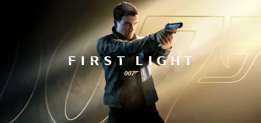 007 First Light: Tudo sobre o Lançamento do novo jogo de James Bond em 2026 1 Imagem promocional de 007 First Light, mostrando um homem armado apontando uma pistola em pose de ação, com o título “First Light 007” ao centro e fundo dourado estilizado — arte oficial do jogo com lançamento em 2026.