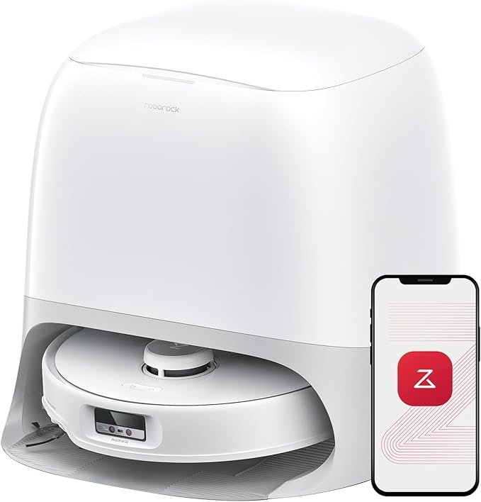 Robô aspirador Roborock com base de auto-limpeza totalmente branca e controle via aplicativo, ideal para limpeza inteligente com mop avançado entre os melhores robôs aspiradores 2026.