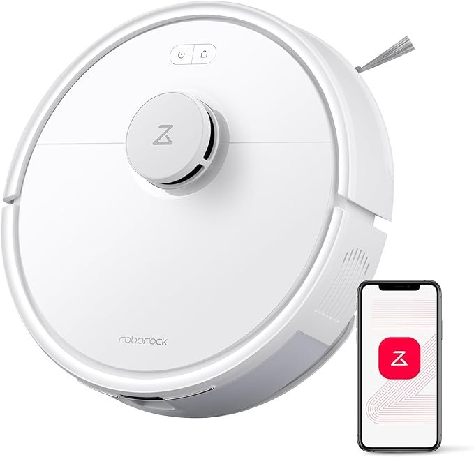 Robô aspirador Roborock branco com sensor LiDAR e app no smartphone, ideal para limpeza inteligente com sucção forte e mop — opção custo-benefício entre os melhores robôs aspiradores 2026.