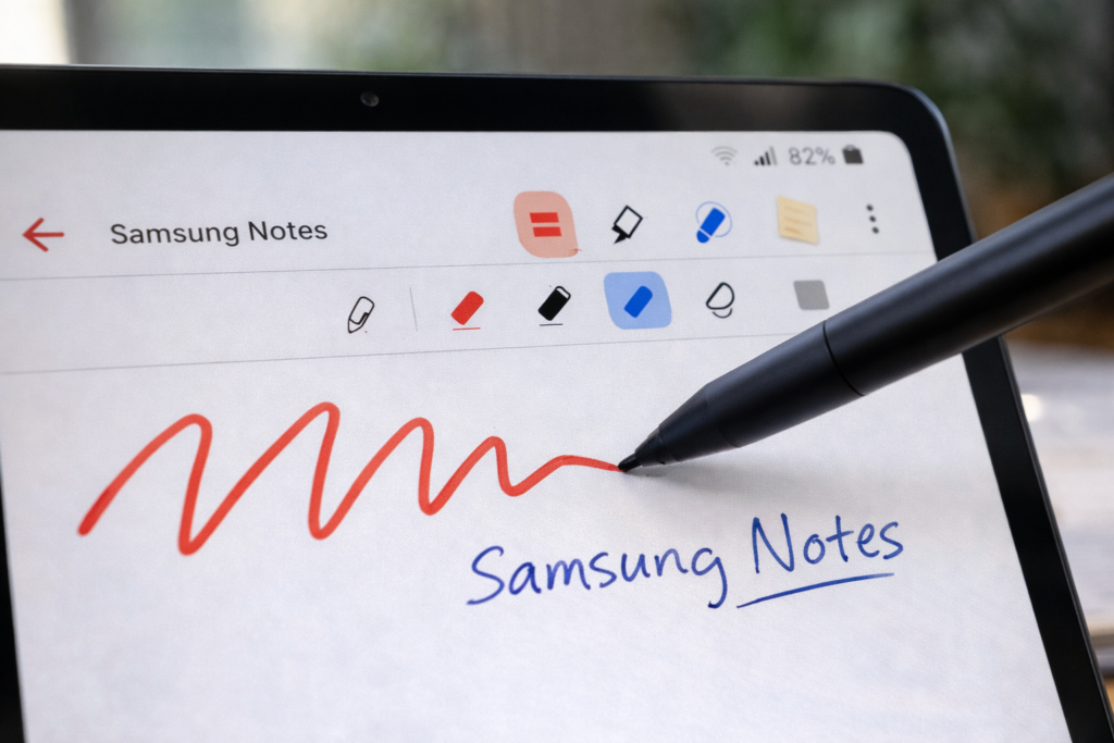Close da mão de um usuário escrevendo no tablet Samsung Galaxy com a S Pen no aplicativo Samsung Notes.