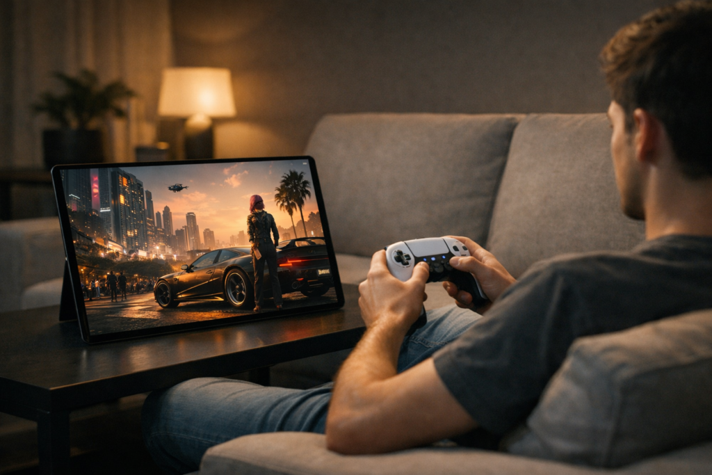 Pessoa jogando Cyberpunk 2077 num tablet com comando de Xbox via Cloud Gaming em 2026, sem console à vista.