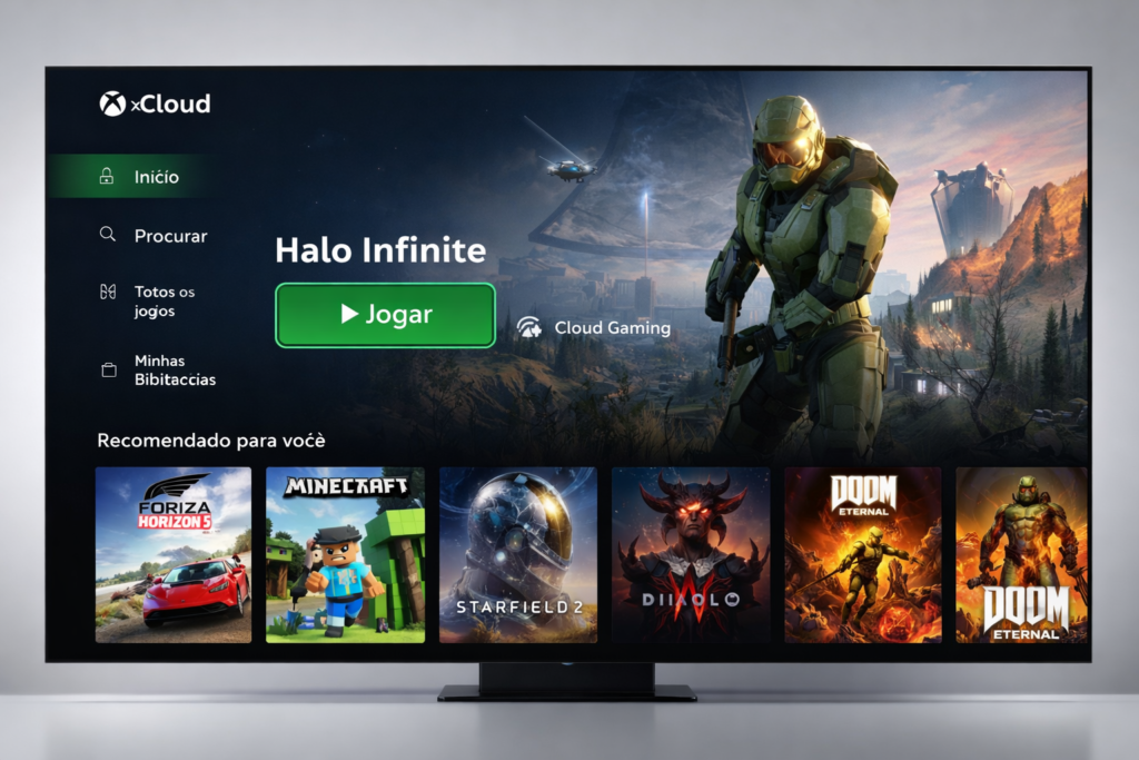 Print de tela da interface do Xbox Cloud Gaming rodando numa Smart TV Samsung em 2026, mostrando botão Jogar.
