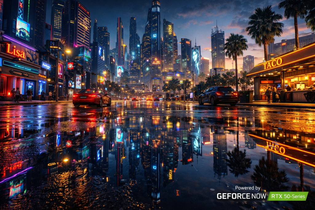 Imagem de gameplay cinematográfica de Night City com Ray Tracing ativado, rodando via NVIDIA GeForce Now RTX 50-Series.
