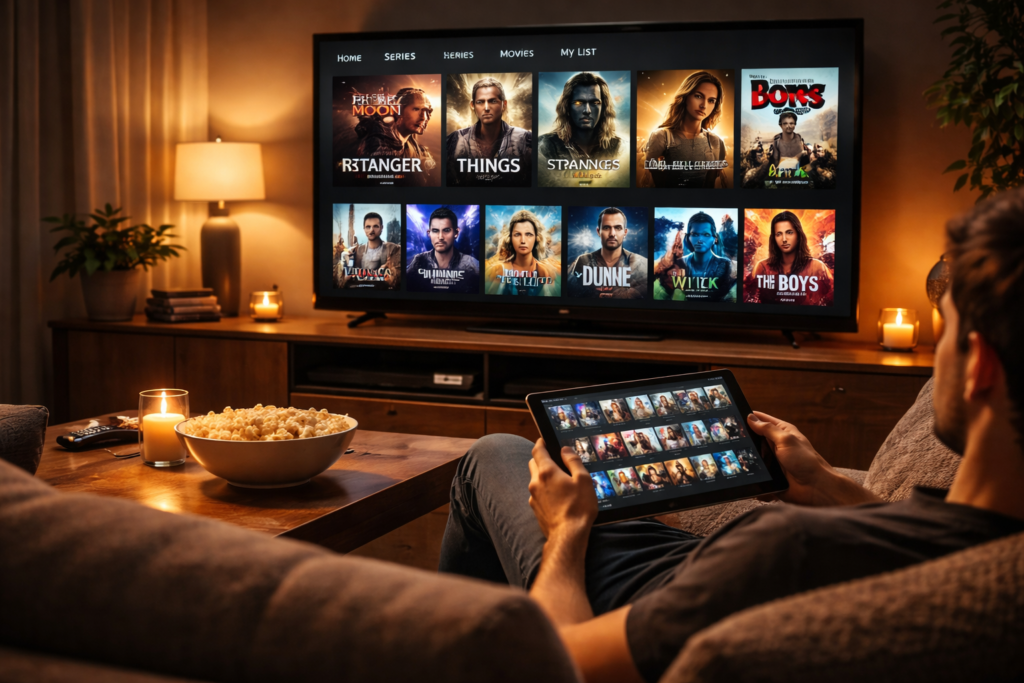 Sala de estar moderna à noite com TV mostrando interface de streaming e pessoa relaxada no sofá com tablet e pipocas.