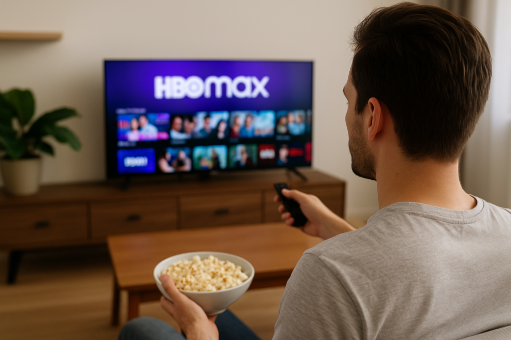 Homem sentado em uma sala moderna, segurando uma tigela de pipoca enquanto assiste HBO Max na TV — cenário ideal para destacar os melhores streamings de 2026.