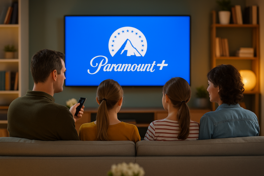 Família assistindo Paramount+ em uma sala aconchegante, todos sentados no sofá e olhando para a TV — cenário ideal para destacar os melhores streamings de 2026.