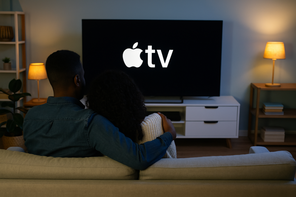 Casal sentado no sofá assistindo Apple TV em uma sala moderna iluminada à noite, representando a experiência premium dos melhores streamings de 2026.