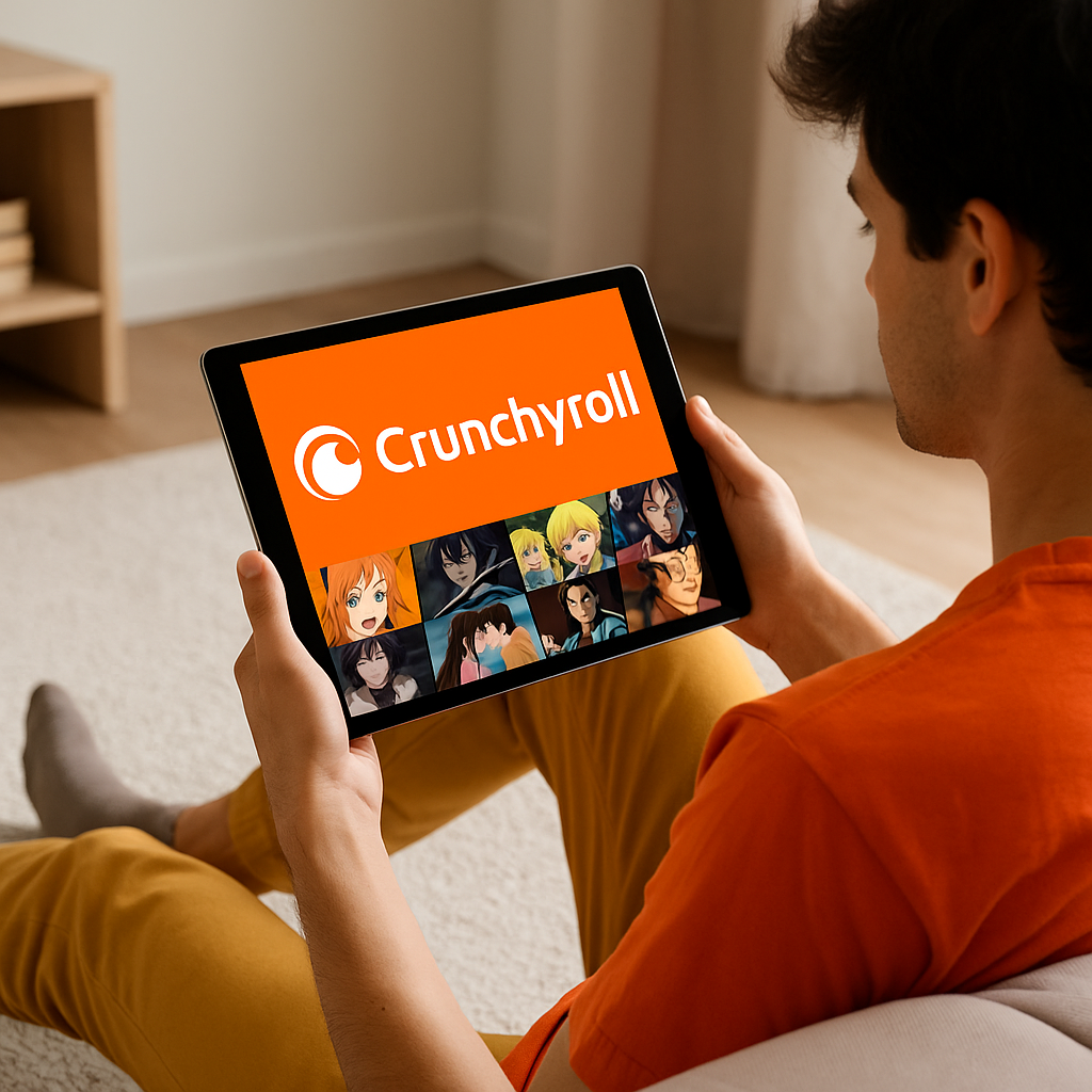 Pessoa assistindo Crunchyroll em um tablet enquanto relaxa no chão de casa, com interface de streaming de animes destacada na tela — cenário moderno que representa os melhores streamings de 2026.