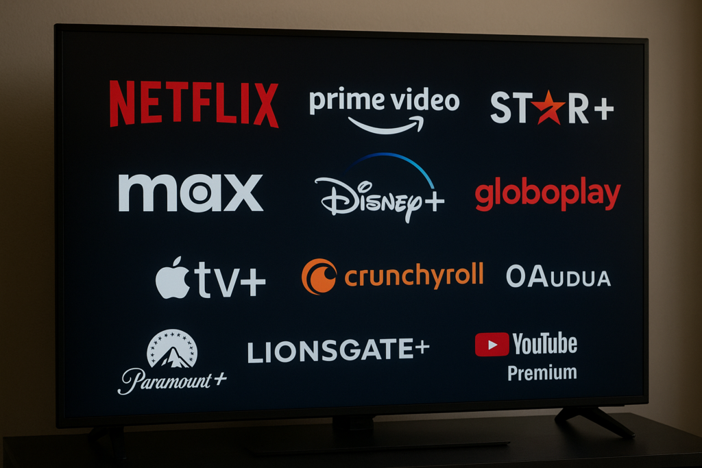 Logotipos da Netflix, Prime Video, Star+, Max, Disney+, Globoplay e outros exibidos em uma TV, comparando serviços para ajudar a encontrar a melhor plataforma de streaming