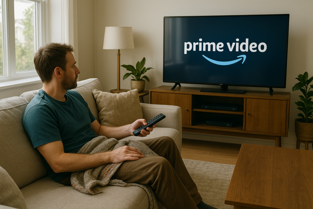 Homem sentado em um sofá iluminado pela luz do dia assistindo Amazon Prime Video na TV, representando a experiência dos melhores streamings de 2026.
