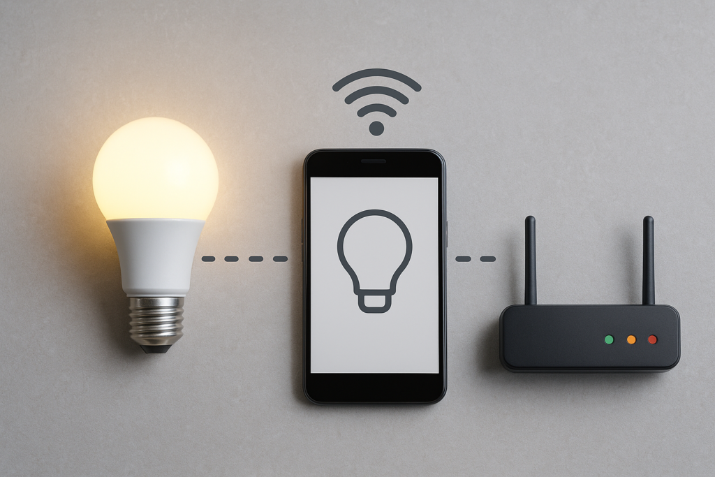 Ilustração realista mostrando a conexão de uma lâmpada inteligente Wi-Fi com um smartphone e um roteador. A lâmpada está à esquerda emitindo luz, o smartphone ao centro exibe um ícone de lâmpada, e o roteador à direita indica o vínculo via Wi-Fi entre os dispositivos.