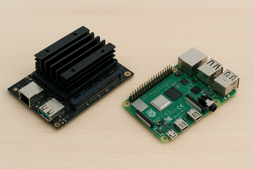 Kit Jetson Nano e Raspberry Pi — usados para projetos de IA, visão computacional e prototipagem
