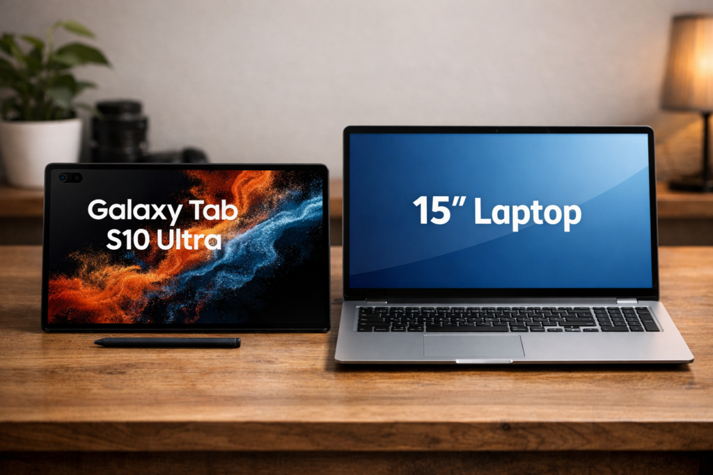 Galaxy Tab S10 Ultra ao lado de um notebook de 15 polegadas para mostrar o tamanho real.