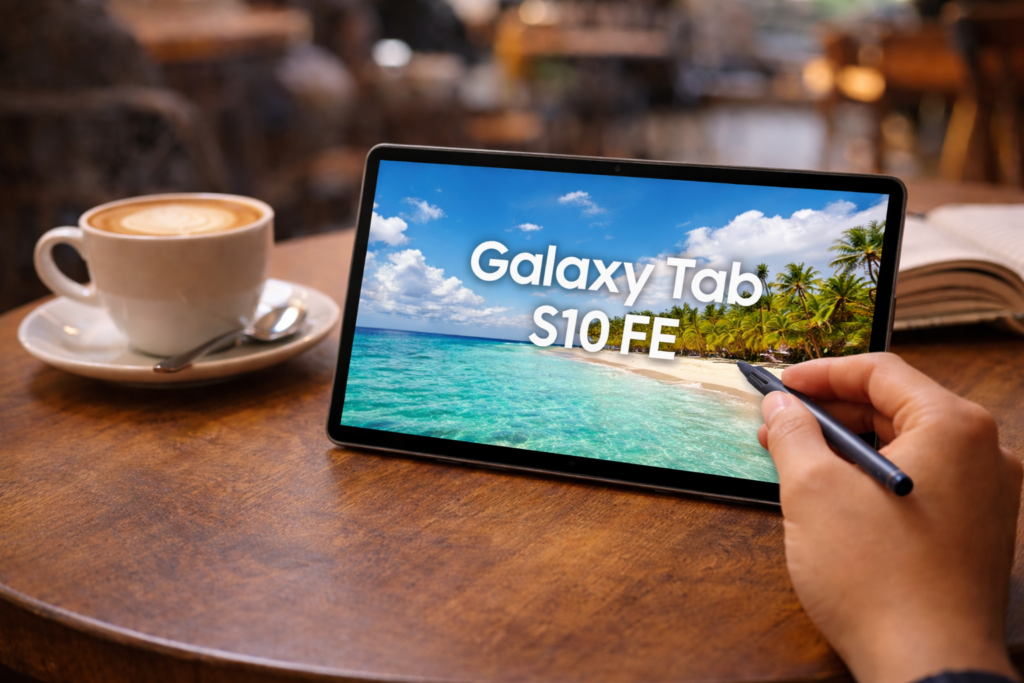 Cena de Café/Estudo: Uma foto do Tab S10 FE em uma mesa de café com um café ao lado e a S Pen na mão. Isso cria conexão emocional com estudantes.