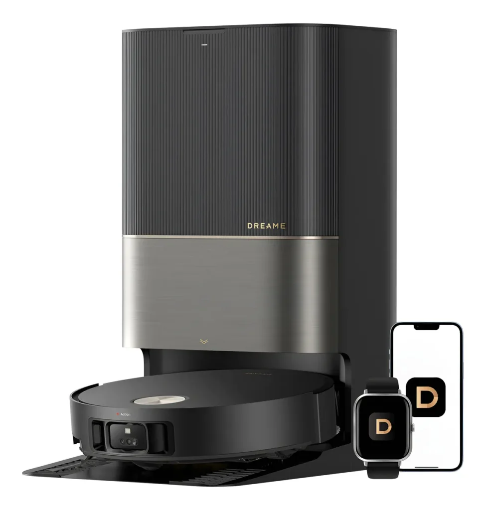 Robô aspirador Dreame em base de limpeza automática com integração via smartphone e smartwatch, destaque entre os melhores robôs aspiradores 2026 pela automação avançada.