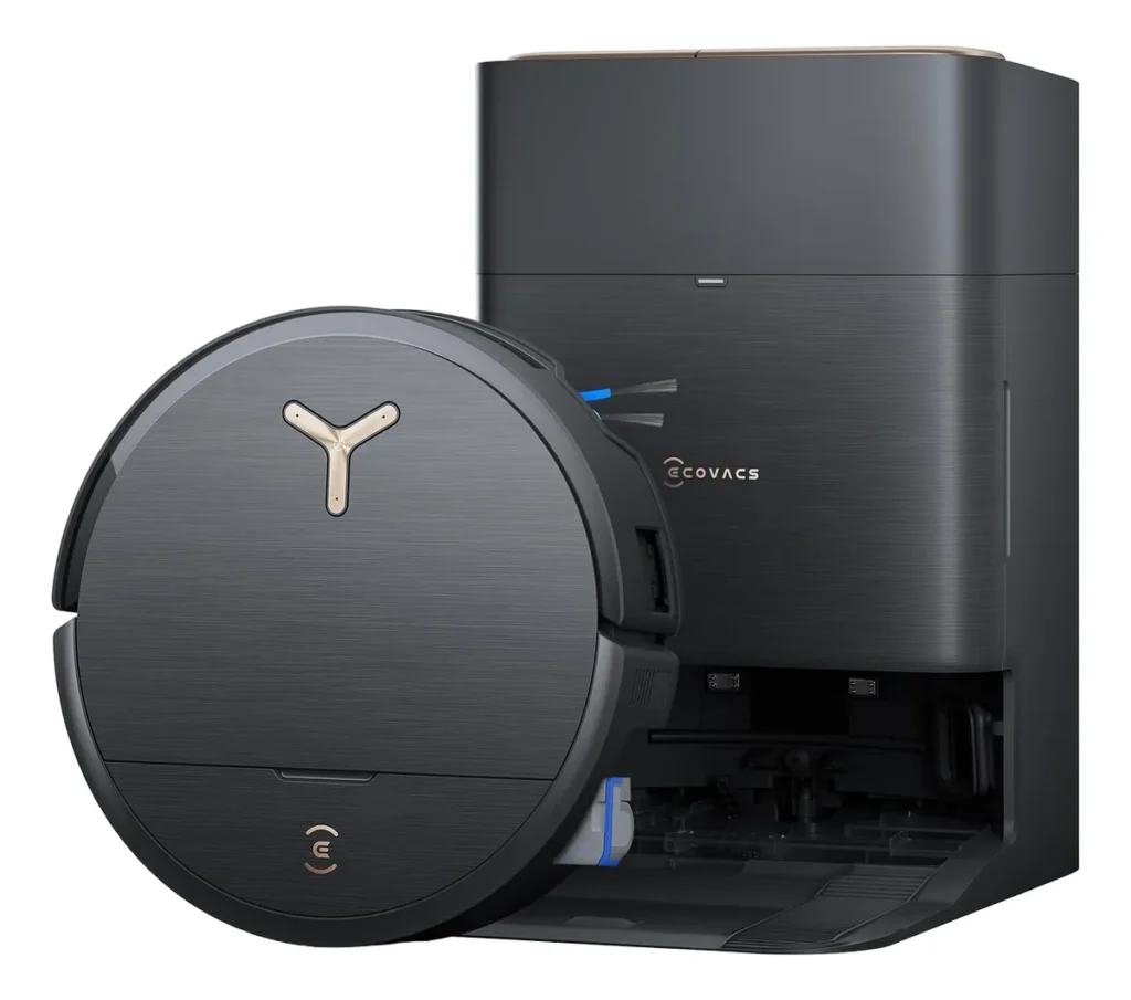 Robô aspirador Ecovacs com estação de limpeza automática, design premium e recursos avançados de sucção e lavagem, destaque entre os melhores robôs aspiradores 2026.