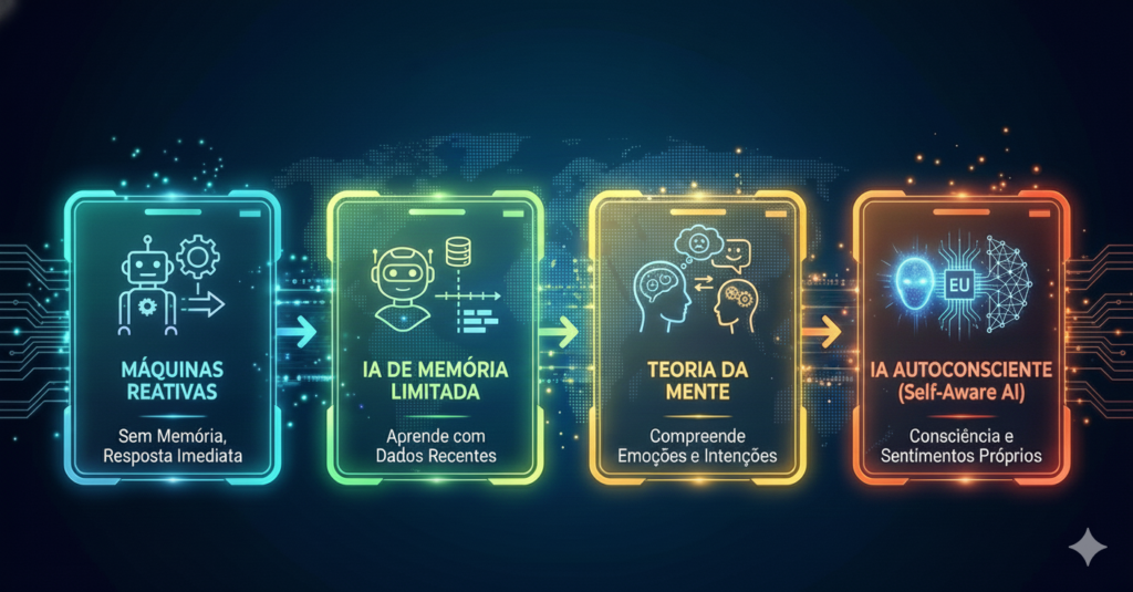 Infográfico explicando quais são os 4 tipos de inteligência artificial: máquinas reativas, IA de memória limitada, teoria da mente e IA autoconsciente. Cada categoria é ilustrada com ícones de robôs e cérebros, destacando características como ausência de memória, aprendizado com dados recentes, compreensão de emoções e consciência própria.