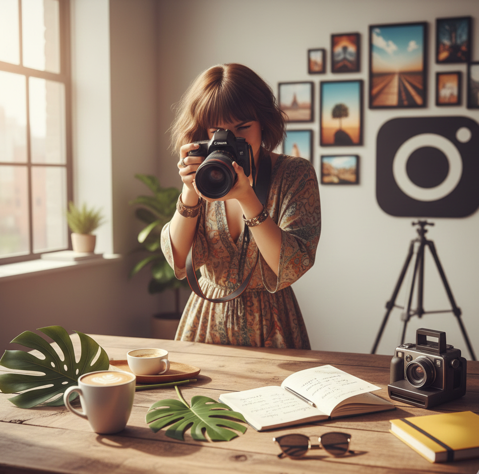 Fotógrafa em estúdio criativo tirando fotos com câmera profissional, simbolizando a produção de conteúdo visual para plataformas como Instagram, uma das redes sociais mais utilizadas no Brasil.