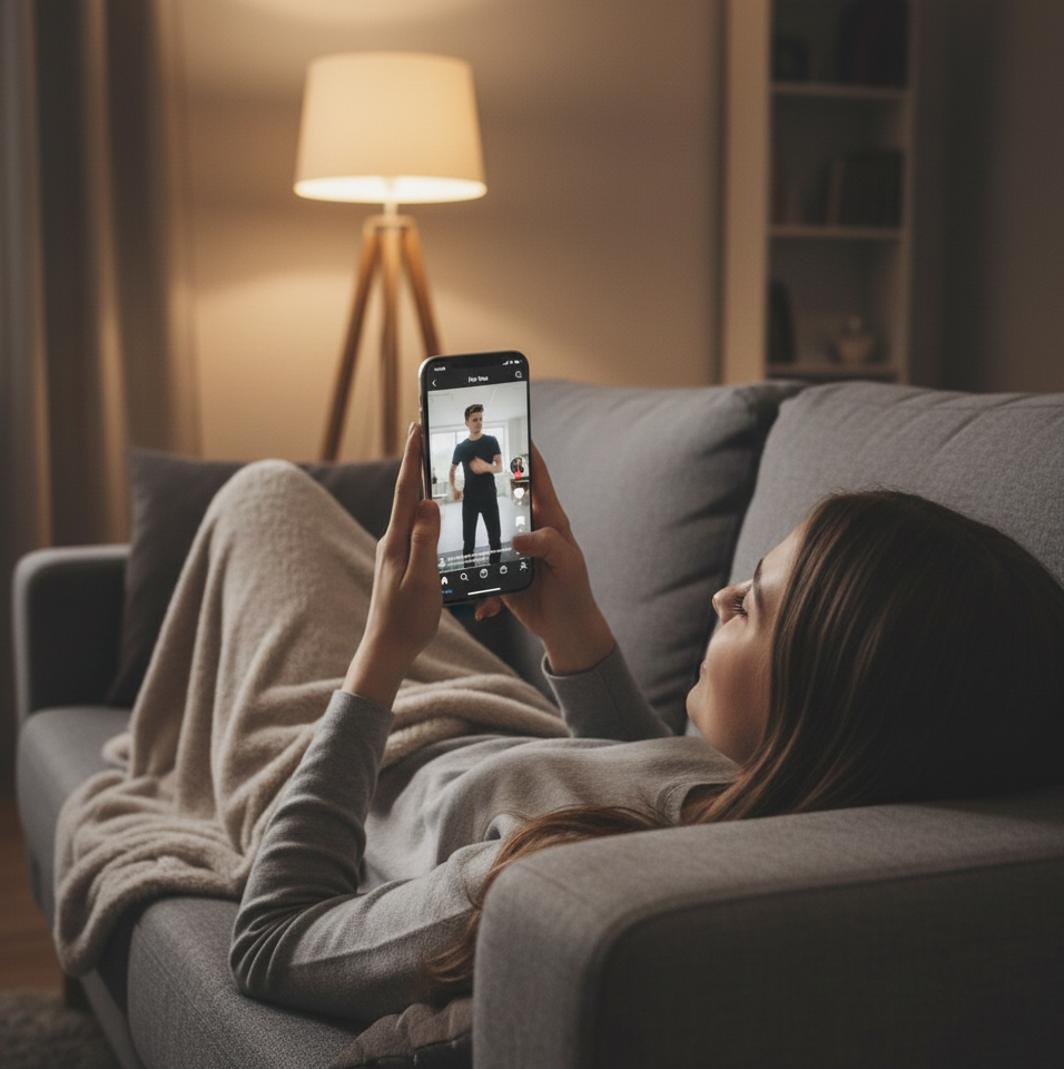 Mulher deitada no sofá assistindo vídeos curtos pelo smartphone, representando o uso do TikTok como uma das redes sociais mais utilizadas no Brasil para entretenimento e conteúdo rápido.
