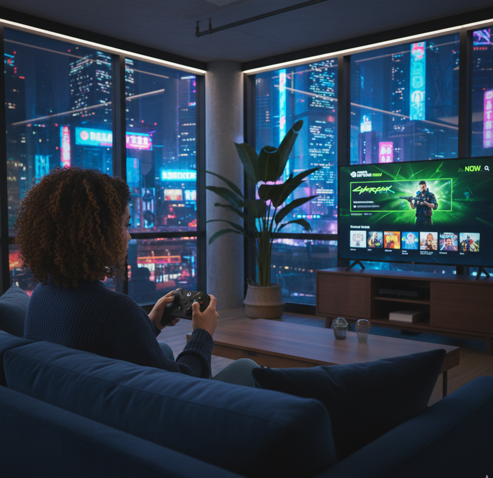 Usuário jogando GeForce NOW em uma Smart TV com controle Xbox.