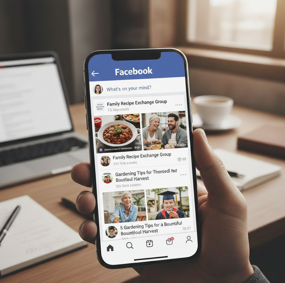 Pessoa segurando um smartphone com o aplicativo Facebook aberto, mostrando grupos e publicações, ilustrando o uso do Facebook como uma das redes sociais mais utilizadas no Brasil para interação, notícias e comunidade.