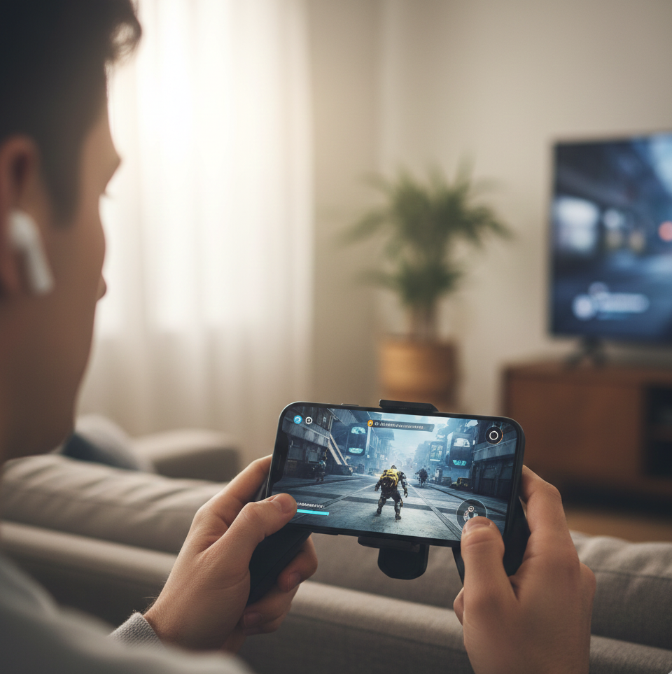 Imagem do Xbox Controller conectado a um smartphone rodando cloud gaming.