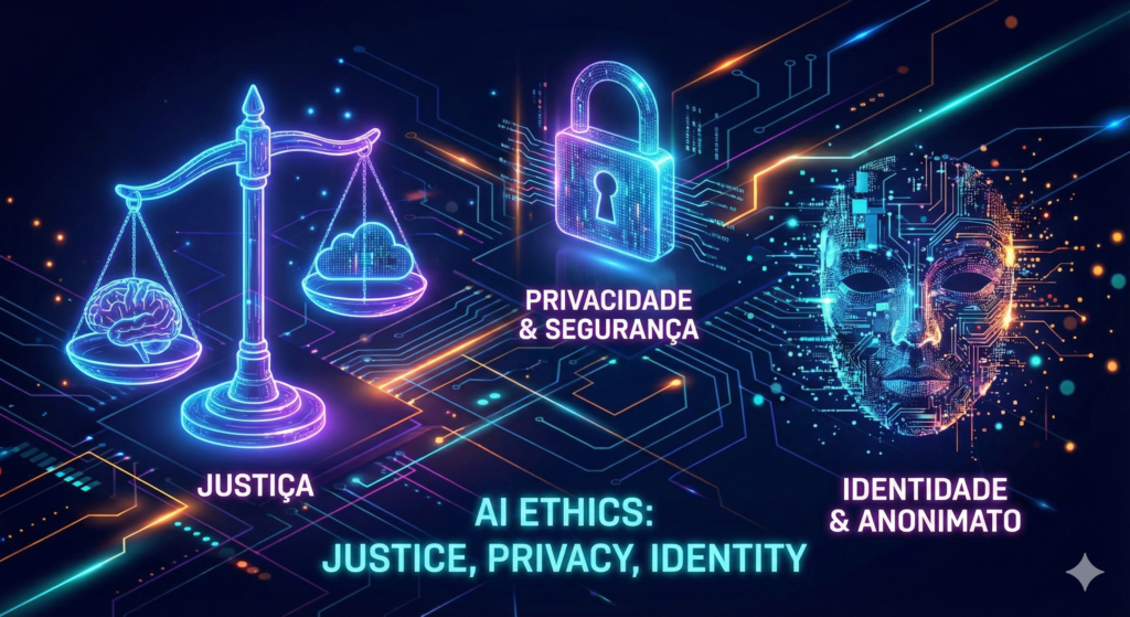 Ilustração futurista sobre ética em inteligência artificial, mostrando uma balança brilhante representando justiça, um cadeado digital simbolizando privacidade e segurança de dados, e uma máscara digital abstrata representando identidade e anonimato. Estilo neon-tech, cores vibrantes azul e roxo, elementos de circuitos, linhas de dados e partículas luminosas ao fundo. Visual limpo, moderno, inspirado em estética Wired/Design Tech, com contraste forte e atmosfera tecnológica sofisticada.