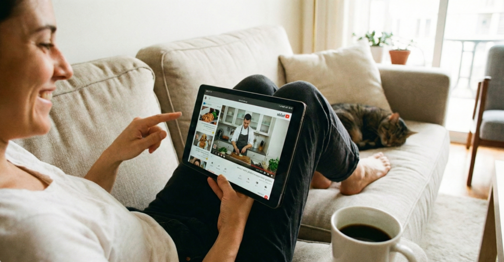 Pessoa relaxando no sofá enquanto assiste vídeos no YouTube em um tablet, representando o consumo de conteúdo em uma das redes sociais mais utilizadas no Brasil, com um gato dormindo ao lado e uma xícara de café em primeiro plano.