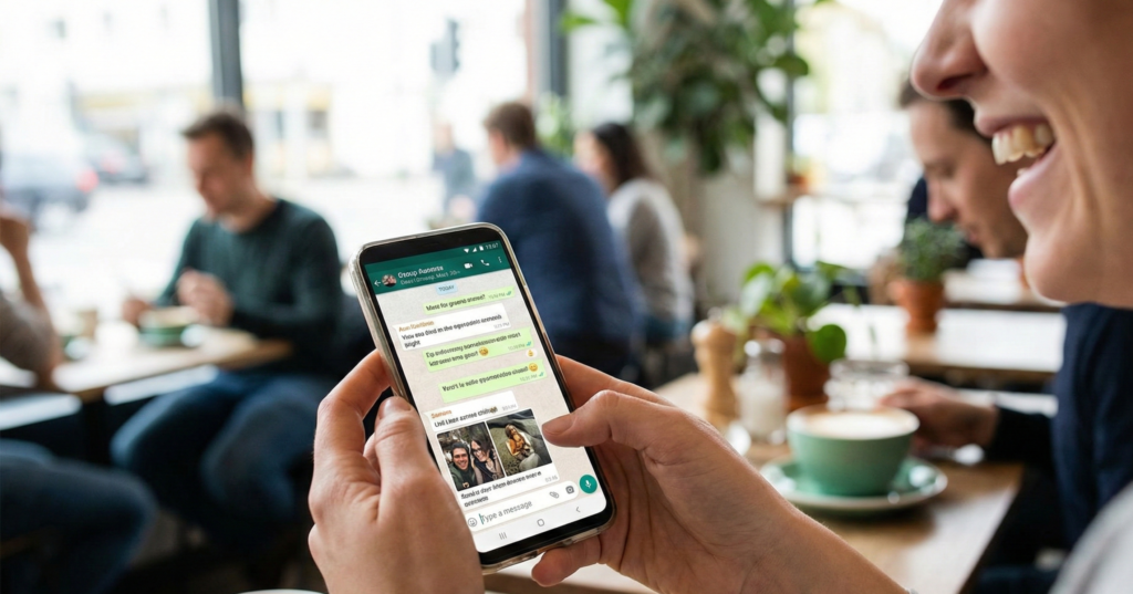 Pessoa segurando um smartphone e usando o WhatsApp em um café, representando o uso diário de uma das redes sociais mais utilizadas no Brasil para comunicação rápida e mensagens instantâneas.