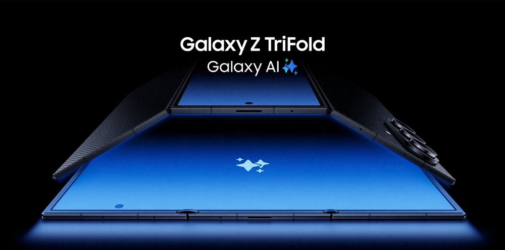 Galaxy Z TriFold aberto com suas três telas exibindo visual futurista e tecnologia Galaxy AI.