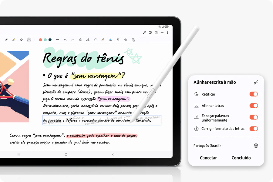 Tablet Samsung Galaxy Tab S10 Lite com caneta S Pen sendo usado para anotações, mostrando recursos de escrita à mão, organização e ferramentas inteligentes no display.