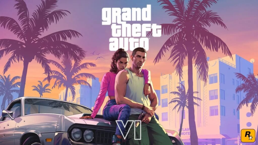 Ilustração oficial de GTA VI mostrando os protagonistas Jason e Lucia encostados em um carro clássico em cenário neon inspirado em Vice City — destaque visual de um dos games mais aguardados para 2026.