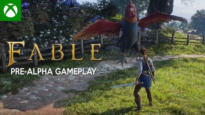 Cena de Fable em pre-alpha gameplay, mostrando a heroína enfrentando uma criatura gigante em ambiente medieval, ilustrando um dos games mais aguardados para 2026.