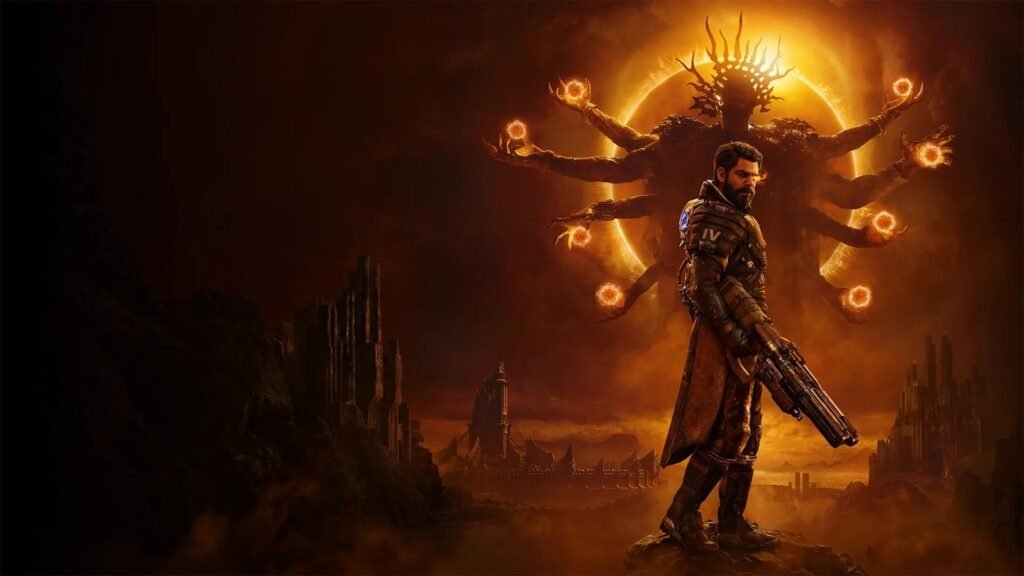 Arte promocional de Saros mostrando um herói armado diante de uma criatura colossal iluminada por um eclipse, com cenário sci-fi sombrio — representando o alto nível visual dos games mais aguardados para 2026.