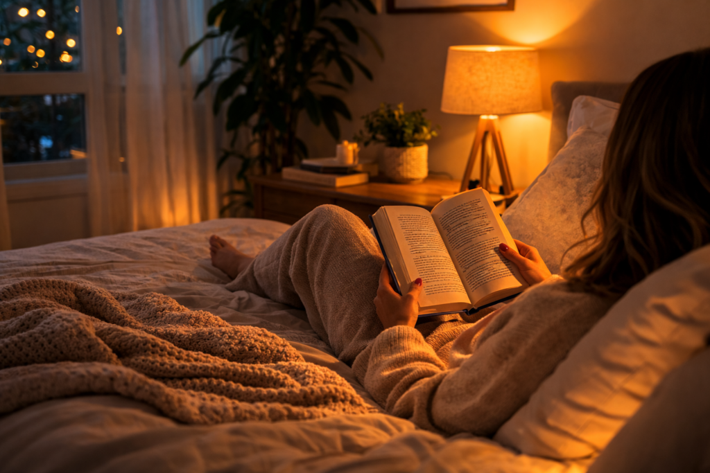 Lâmpada Inteligente em 2026: Vale o investimento? Minha experiência sincera 1 Pessoa relaxando na cama com iluminação inteligente em tom âmbar, mostrando o conforto da automação residencial. lâmpada inteligente