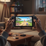 Fotografia realista em plano médio de um jovem sentado em um sofá confortável em uma sala iluminada suavemente à noite. Ele segura um videogame portátil com as duas mãos, sorrindo levemente enquanto olha para a tela, que exibe um jogo colorido.