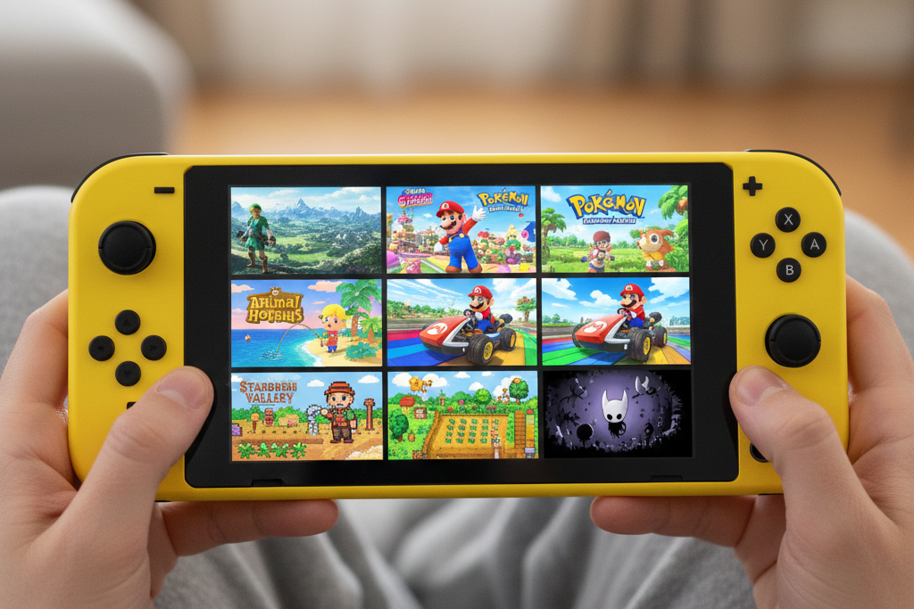Uma composição de alta qualidade mostrando diversos consoles Nintendo Switch Lite em cores vibrantes (turquesa, coral e amarelo) dispostos de forma artística. Cada tela exibe de forma nítida a arte de jogos populares: as paisagens de The Legend of Zelda: Breath of the Wild, os cenários urbanos de Super Mario Odyssey, os campos de Pokémon Legends: Arceus, a ilha de Animal Crossing: New Horizons e as pistas de Mario Kart 8 Deluxe. Em destaque lateral, telas menores mostram os estilos artísticos únicos de Stardew Valley e Hollow Knight. A imagem destaca a portabilidade e a qualidade visual das telas do modelo Lite para esses títulos.