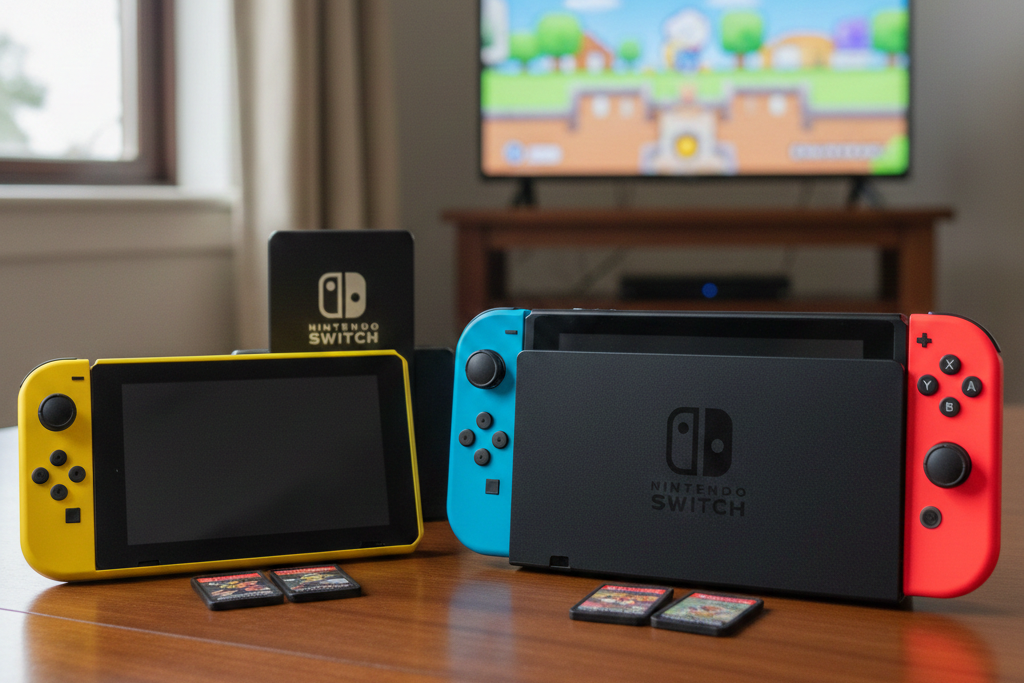 Uma fotografia realista sobre uma mesa de madeira mostrando a comparação entre dois consoles da linha Nintendo Switch. À esquerda, um Nintendo Switch Lite amarelo, notavelmente menor, com controles integrados e corpo único. À direita, um Nintendo Switch Padrão dentro de sua base (dock) preta, com os controles Joy-Con azul e vermelho destacados nas laterais. À frente de cada console, há dois cartuchos de jogos. Ao fundo, uma sala de estar desfocada com uma televisão ligada exibindo um jogo de plataforma colorido, enfatizando que apenas a versão padrão se conecta à TV.