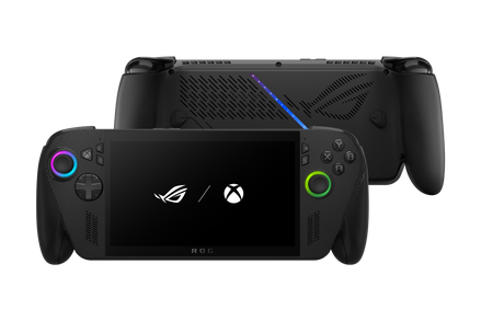 Videogame portatil ASUS ROG Ally com design gamer, tela central e controles integrados nas laterais, exibindo um jogo com gráficos detalhados.