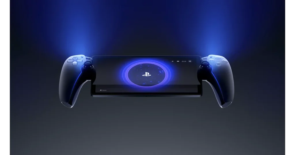 Videogame portatil PlayStation com controles estilo DualSense nas laterais e tela central exibindo o logo da PlayStation, com iluminação azul ao fundo.