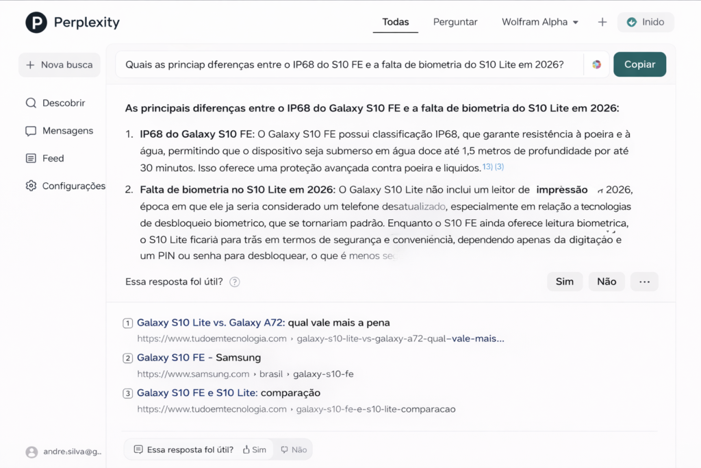 Print de tela do aplicativo Perplexity AI mostrando uma pesquisa com fontes citadas em português.