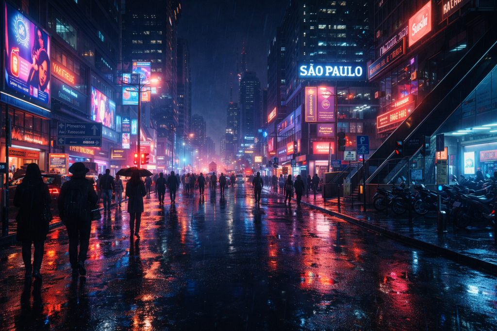 Imagem cinematográfica gerada por IA de uma rua cyberpunk em São Paulo com luzes neon e reflexos na chuva.