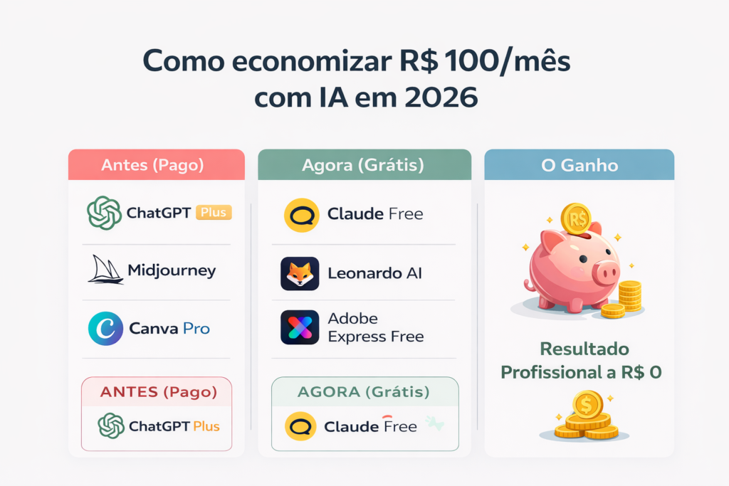 Infográfico comparativo mostrando como substituir aplicativos de IA pagos por versões gratuitas em 2026.
